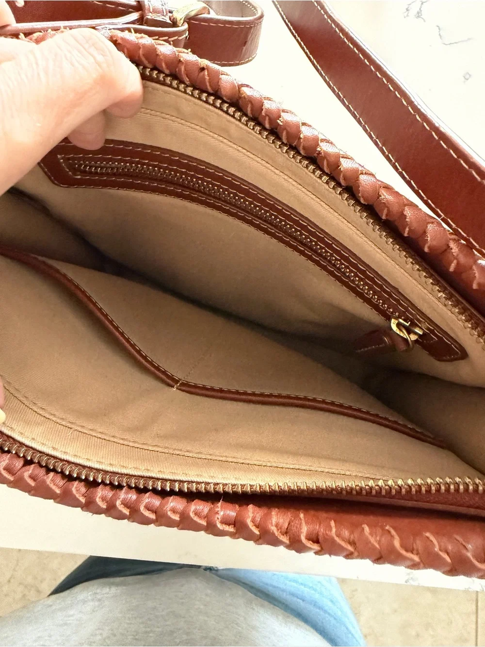 King Ranch Braided Trim Crossbody Tote in Warm Brown Leather